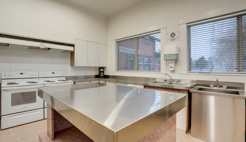 Kitchen with stainless steel island